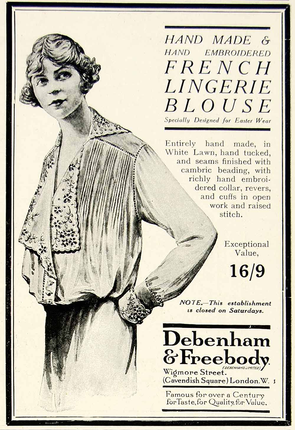 1918 Ad Handmade Embroidered French Lingerie Blouse Fashion Debenham YTT1