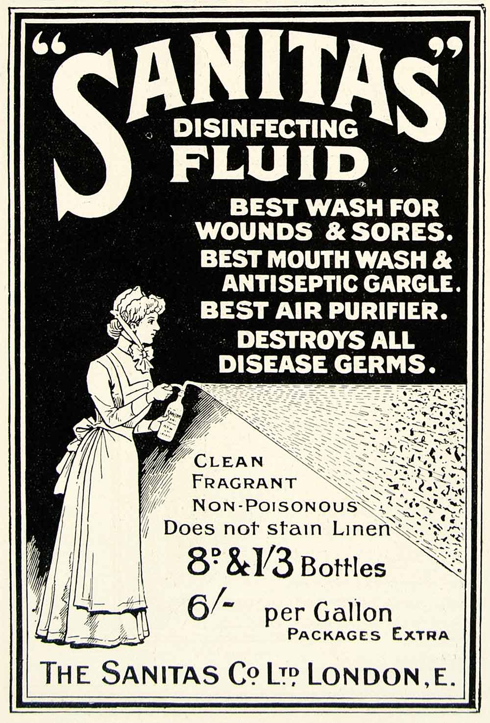 1918 Ad Sanitas Disinfecting Fluid London Wash Antiseptic Disease First Aid YTT1