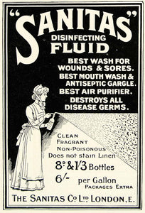 1918 Ad Sanitas Disinfecting Fluid London Wash Antiseptic Disease First Aid YTT1