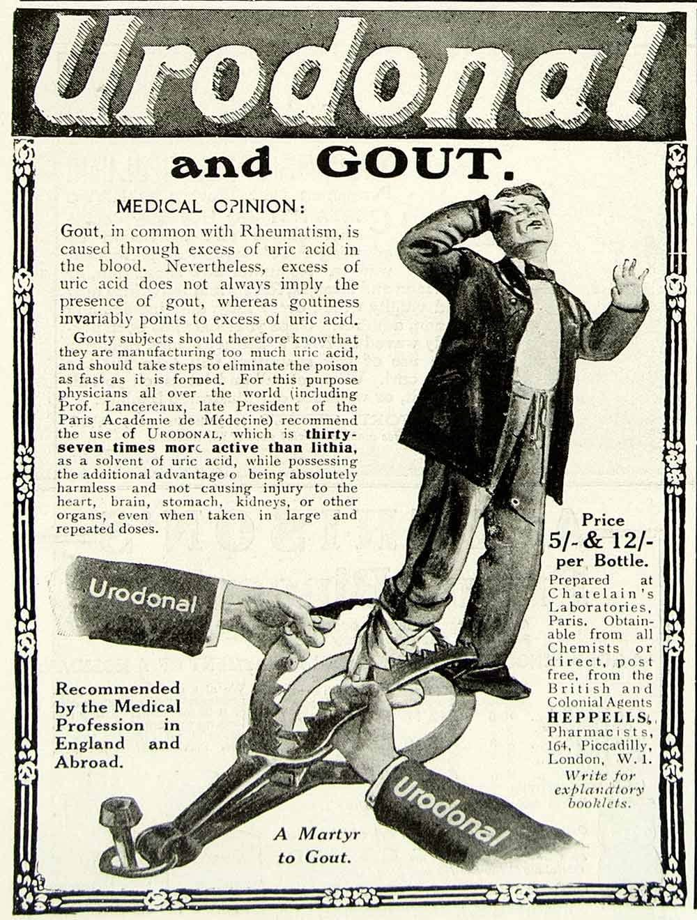 1918 Ad Medical Urodonal Gout Rheumatism English Heppells Trapped Illness YTT1