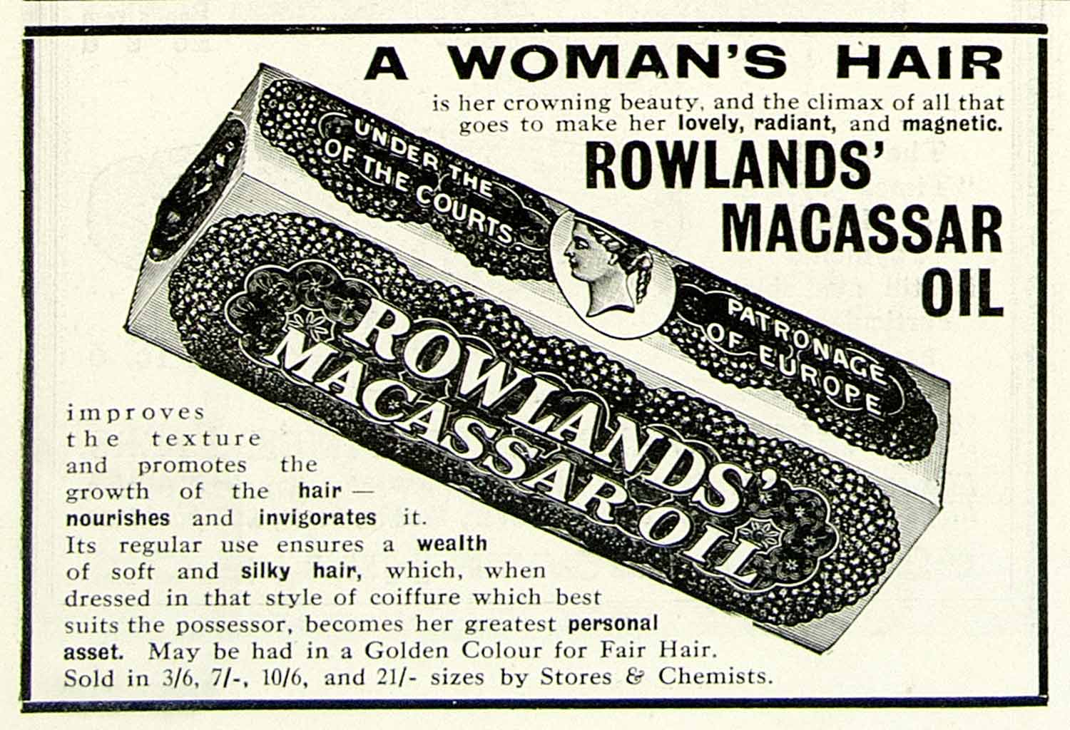 1918 Ad Rowlands Macassar Hair Oil Women Europe Healthy Beauty Coiffure YTT1