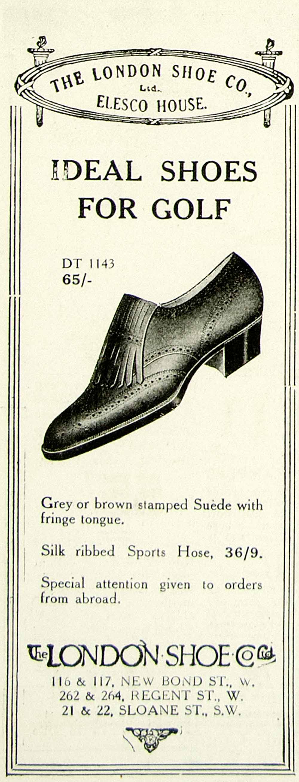 1918 Ad London Shoe Company Elesco House Footwear Suede Silk Fashion Golf YTT1