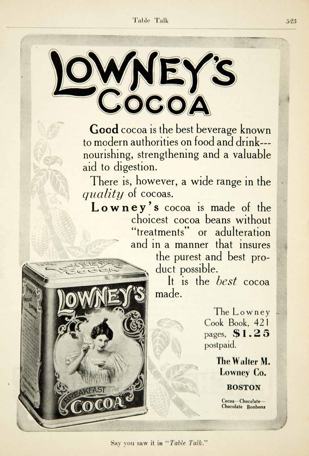 1910 Ad Walter M Lowney Breakfast Cocoa Art Noveau Food Chocolate Boston MA YTT2