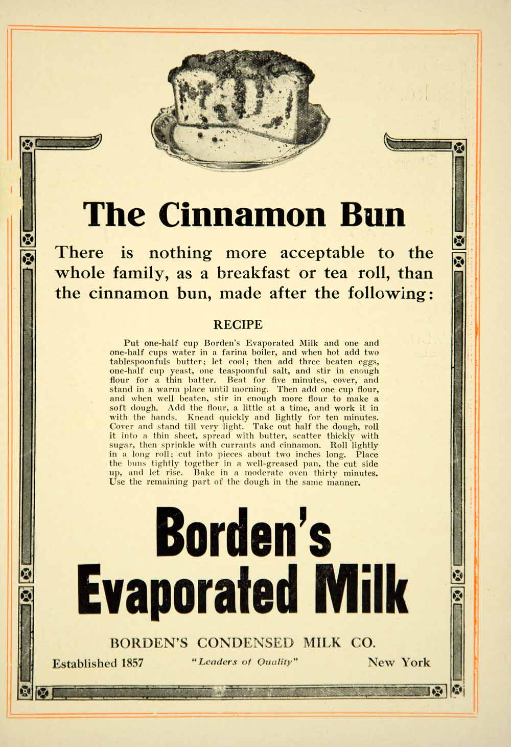 1911 Ad Bordens Condensed Evaporated Milk Cinnamon Bun Dessert Food Kitchen YTT2