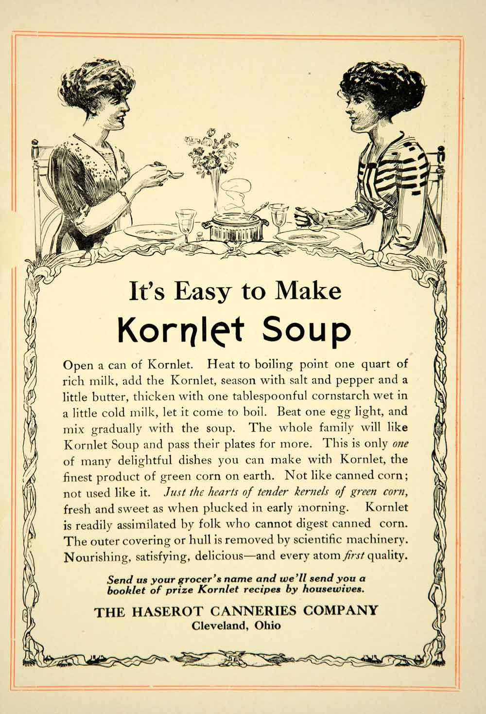 1911 Ad Haserot Canneries Kornlet Soup Food Kitchen Recipe Cooking YTT2