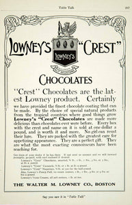 1912 Ad Walter M Lowney Crest Chocolates Candy Caramel Nugatines Food YTT2