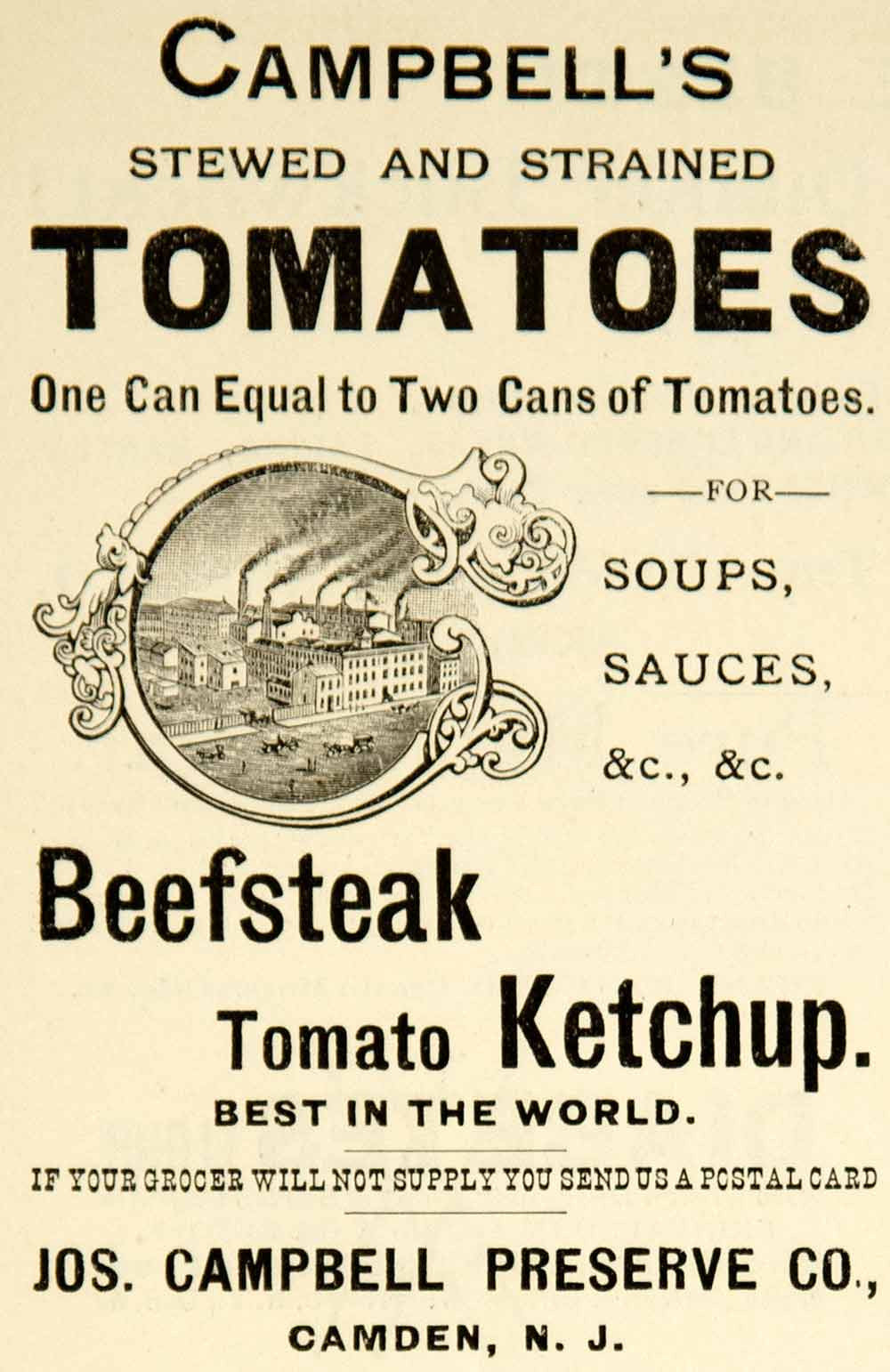 1895 Ad Joseph Campbell Preserve Tomato Soup Sauce Ketchup Beefsteak Camden YTT2