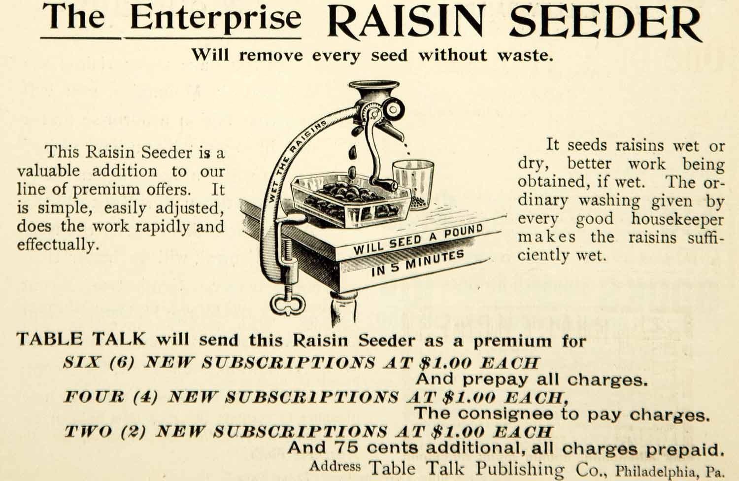 1895 Ad Enterprise Raisin Seeder Machine Grape Fruit Food Kitchen Cooking YTT2