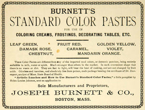 1895 Ad Joseph Burnett Food Coloring Pastes Boston MA Kitchen Cooking YTT2