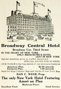 1910 Ad Broadway Central Hotel Third Street NYC Dan C Webb Historic YTT2