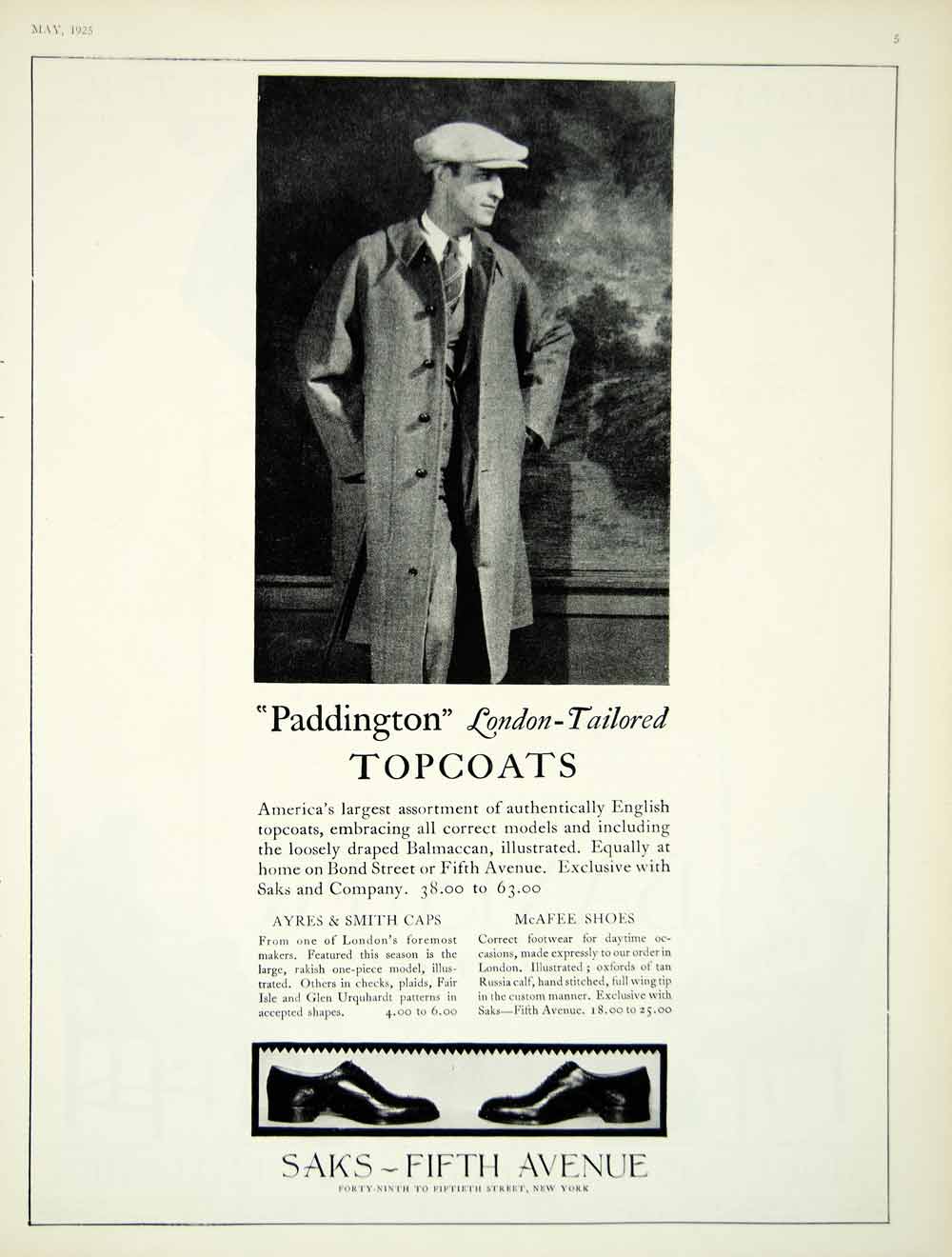 1925 Ad Vintage Paddington English Topcoat Mens Fashion Saks Fifth Avenue YVF1