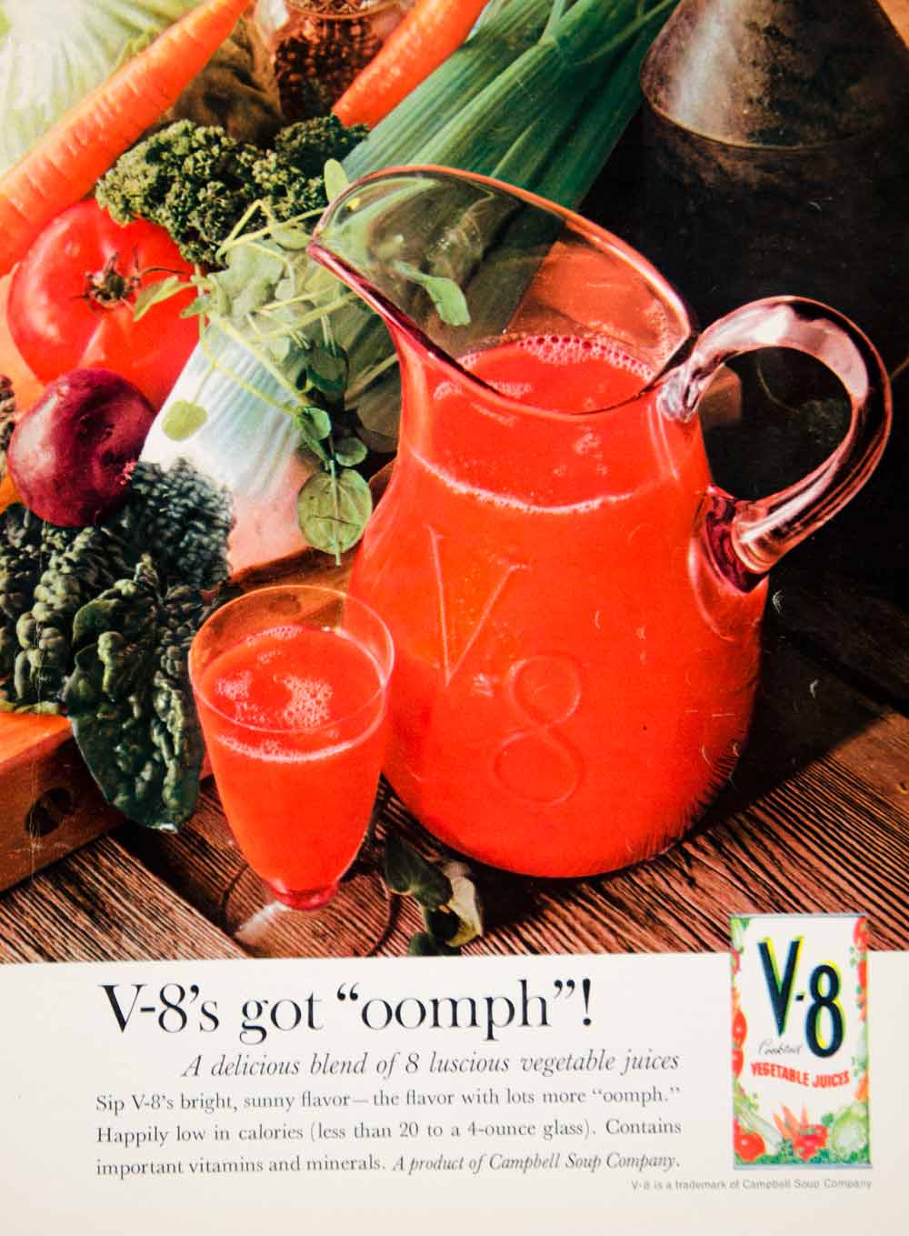 1960 Ad Vintage V-8 Cocktail Vegetable Juice Pitcher Healthy Campbell Soup YDW2