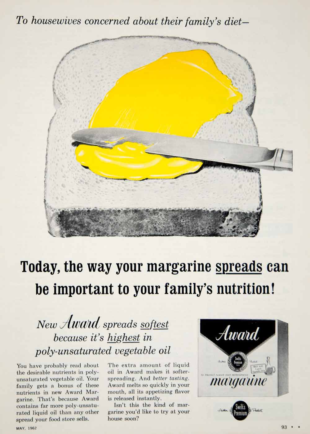 1962 Ad Award Margarine Butter Substitute Vegetable Oil Spread Bread F