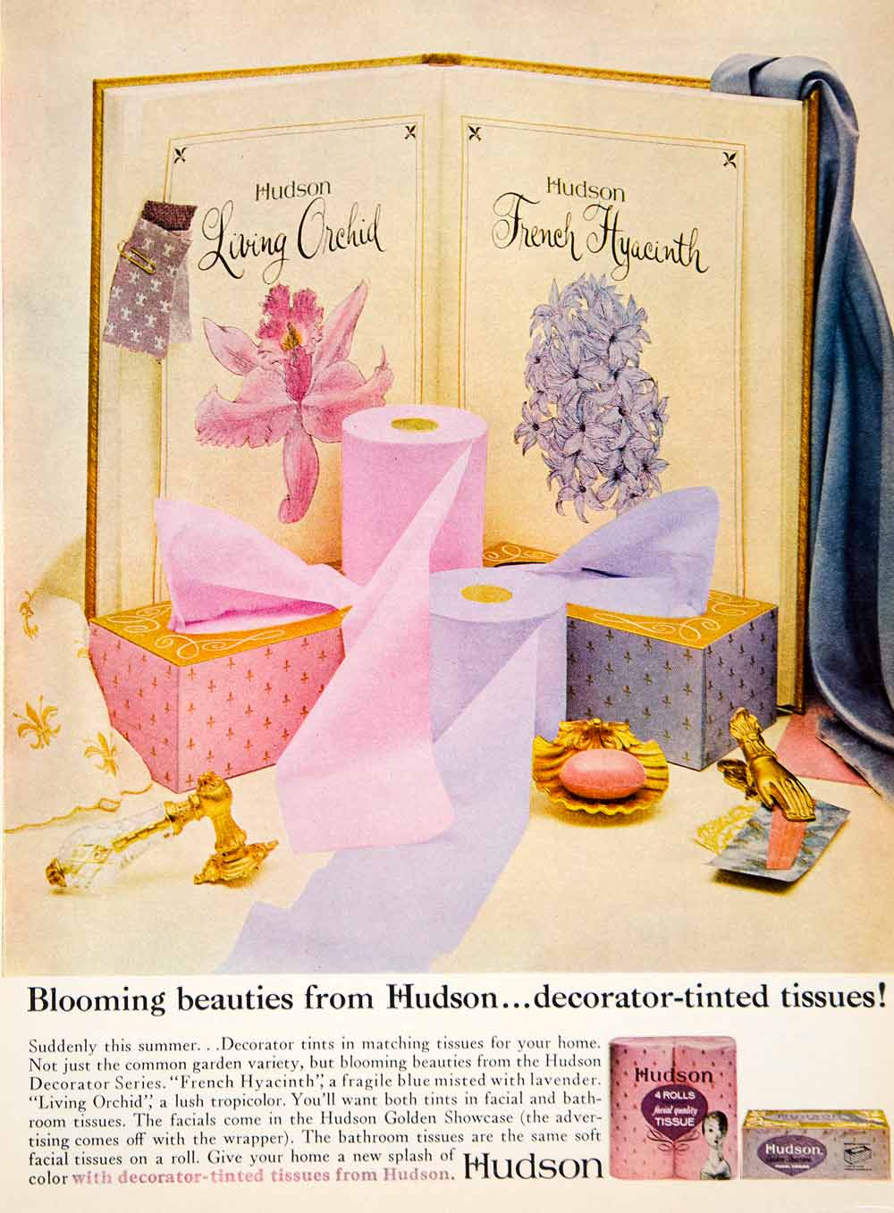 1962 Ad Vintage Hudson Toilet Paper Facial Tissue Pink Lavender Decorator  YWD2