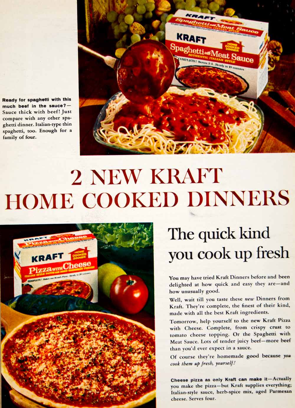 1964 Ad Vintage Kraft Spaghetti Meat Sauce Pizza Cheese Box Processed Food YWD2