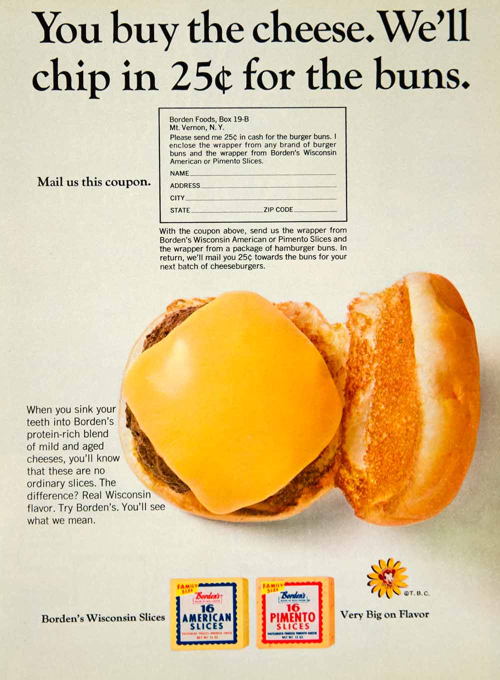 1964 Ad Borden's Wisconsin American Pimento Processed Cheese Slices Burger YWD2