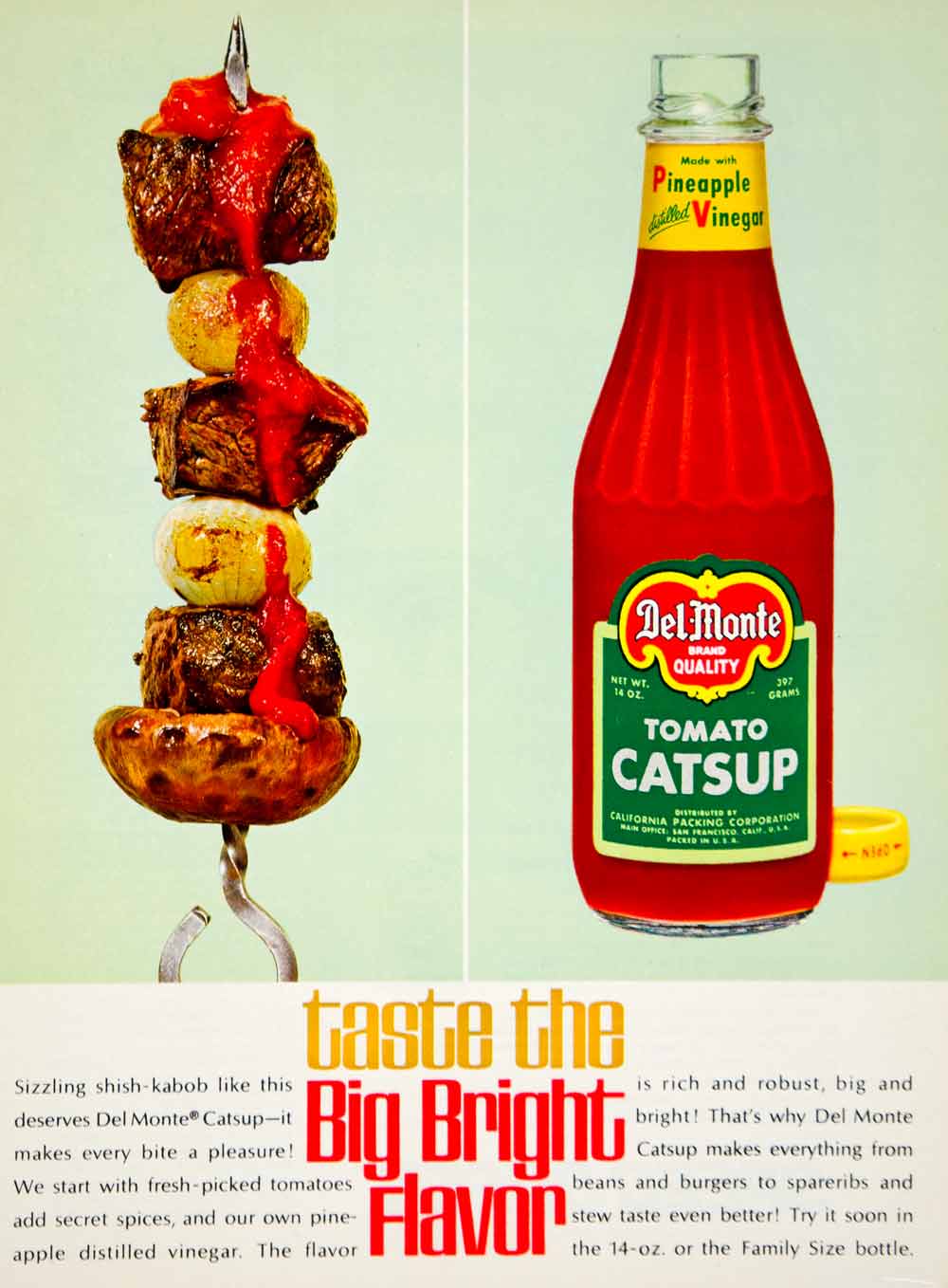 1964 Ad Del Monte Tomato Catsup Ketchup Bottle Condiment Shish Kabob Kabab YWD2