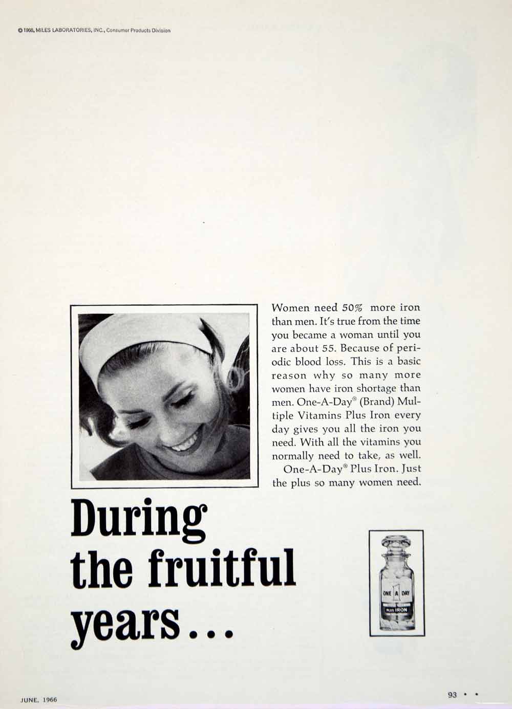 1966 Ad One-A-Day Brand Multiple Vitamins Plus Iron Women Health Supplement YWD2