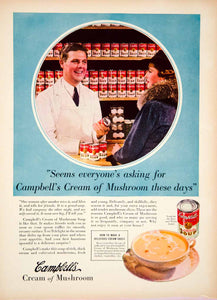 1939 Ad Vintage Campbell's Cream of Mushroom Soup Can Grocery Store Clerk YWD3