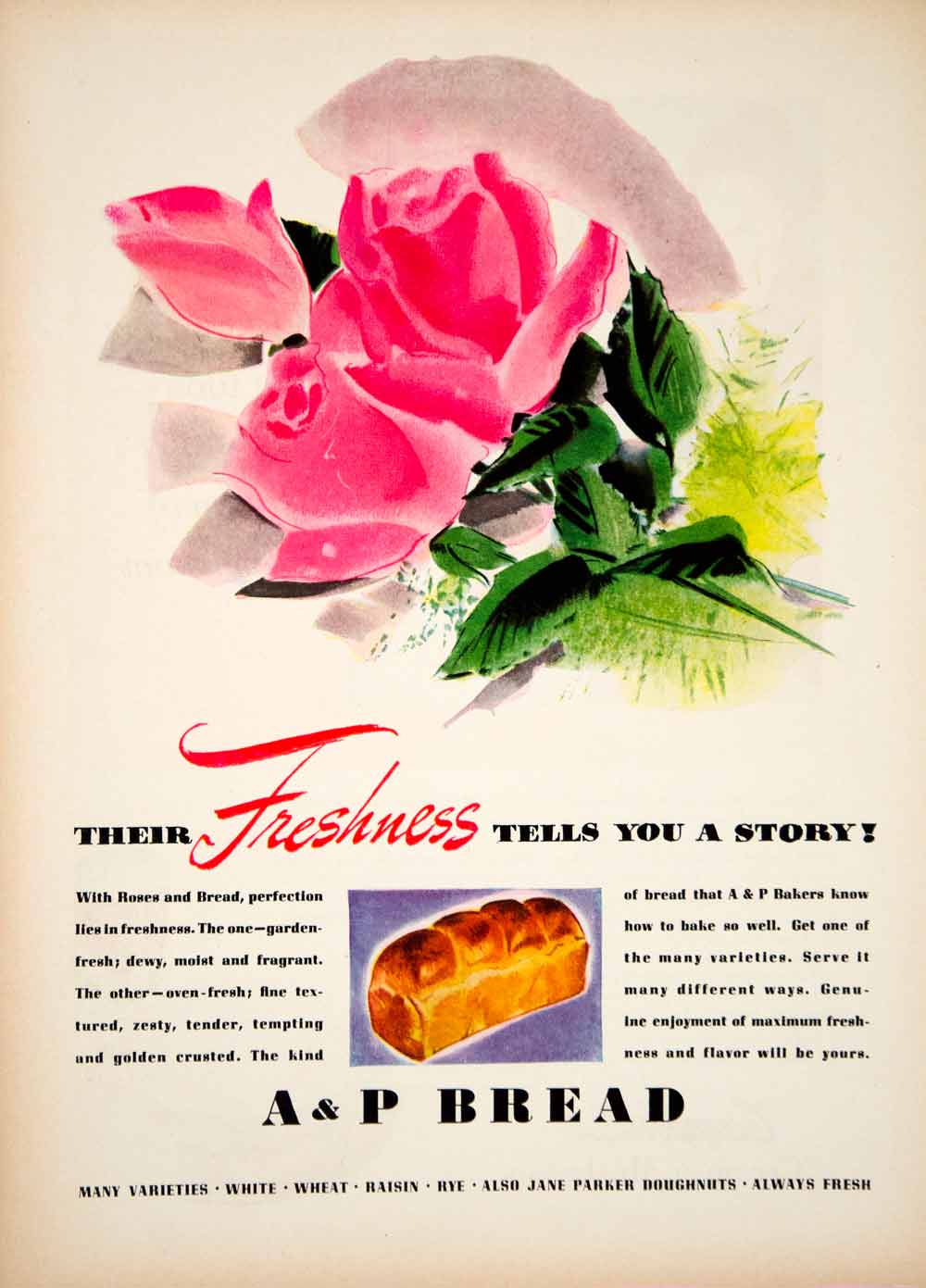 1939 Ad Vintage A & P Bread Bakery Crust Loaf Sliced Food Pink Rose Flower YWD3