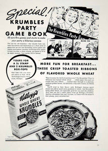 1939 Ad Kelloggs Whole Wheat Krumbles Breakfast Food Cereal Party Game Book YWD3
