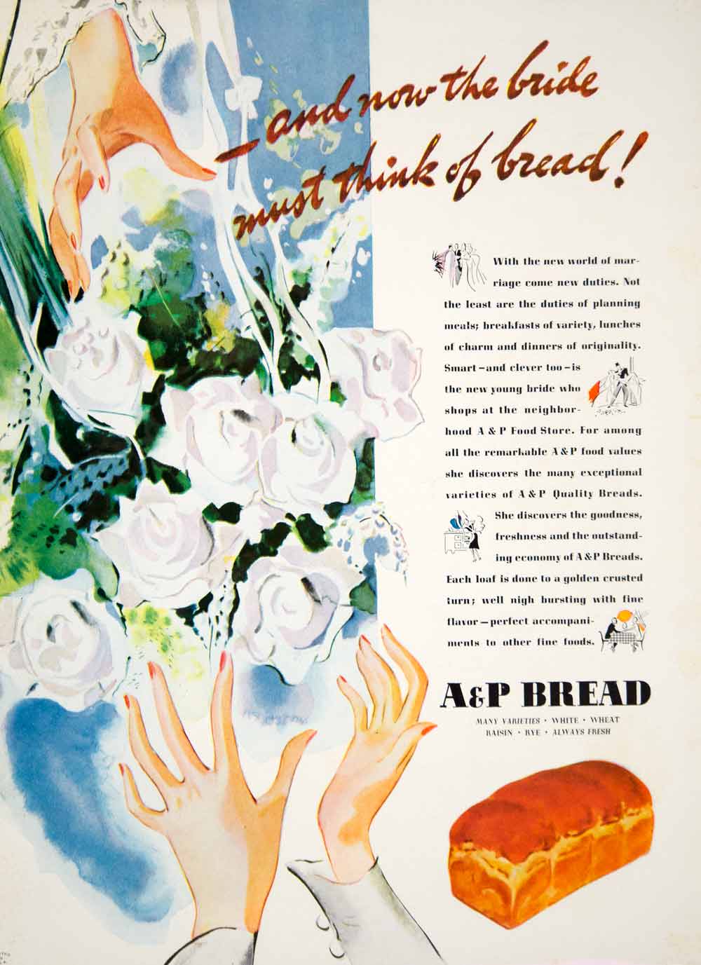 1939 Ad Vintage A & P Bread Bakery Loaf Sliced Food Bride Bridal Bouquet YWD3