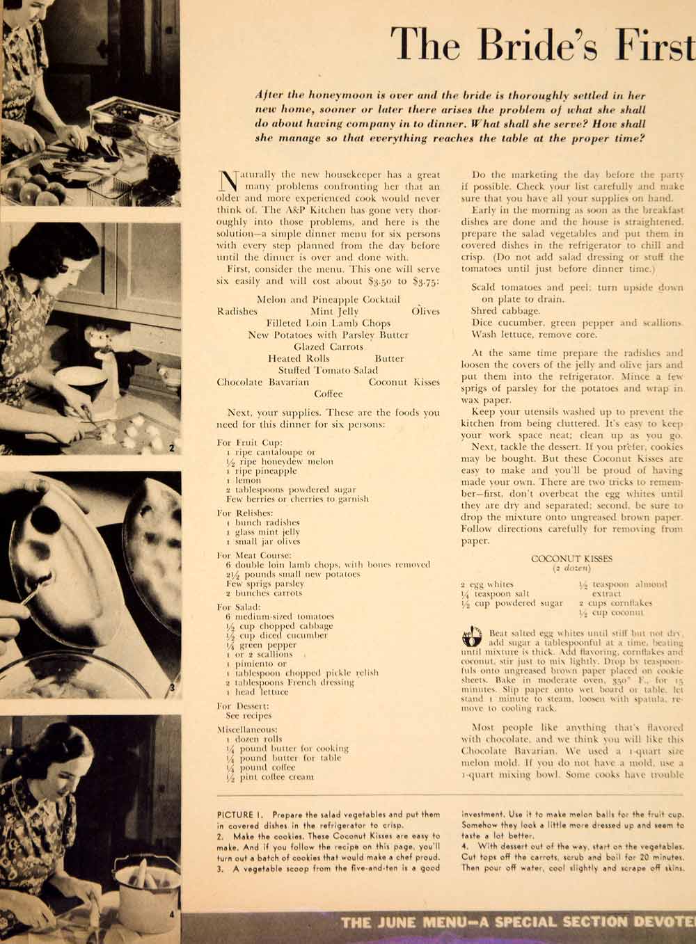 1938 Article Bride's First Dinner Menu Recipes Instructions Food Lamb Chops YWD3