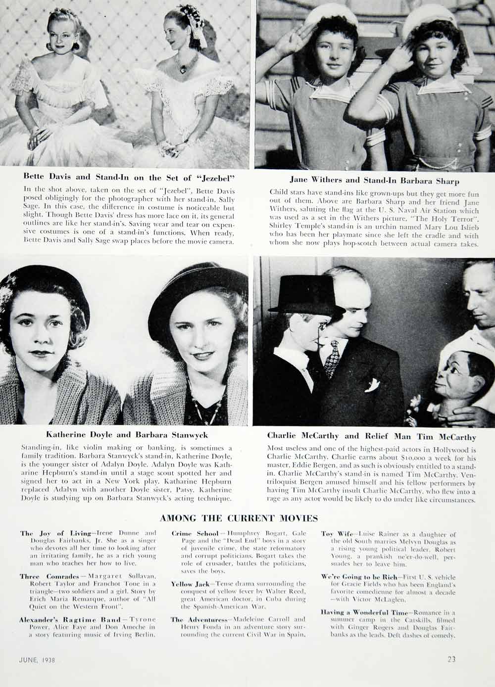 1938 Article Hollywood Movie Doubles Stand-ins Sally Sage Barbara Sharp YWD3