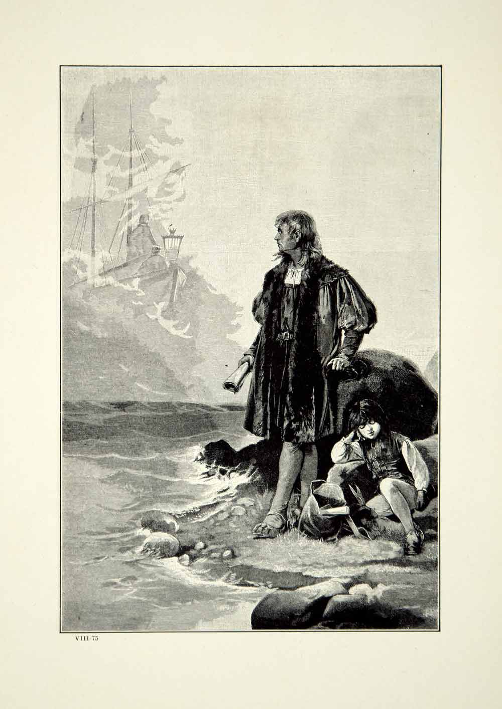 1921 Wood Engraving Art Christopher Columbus Discovery America