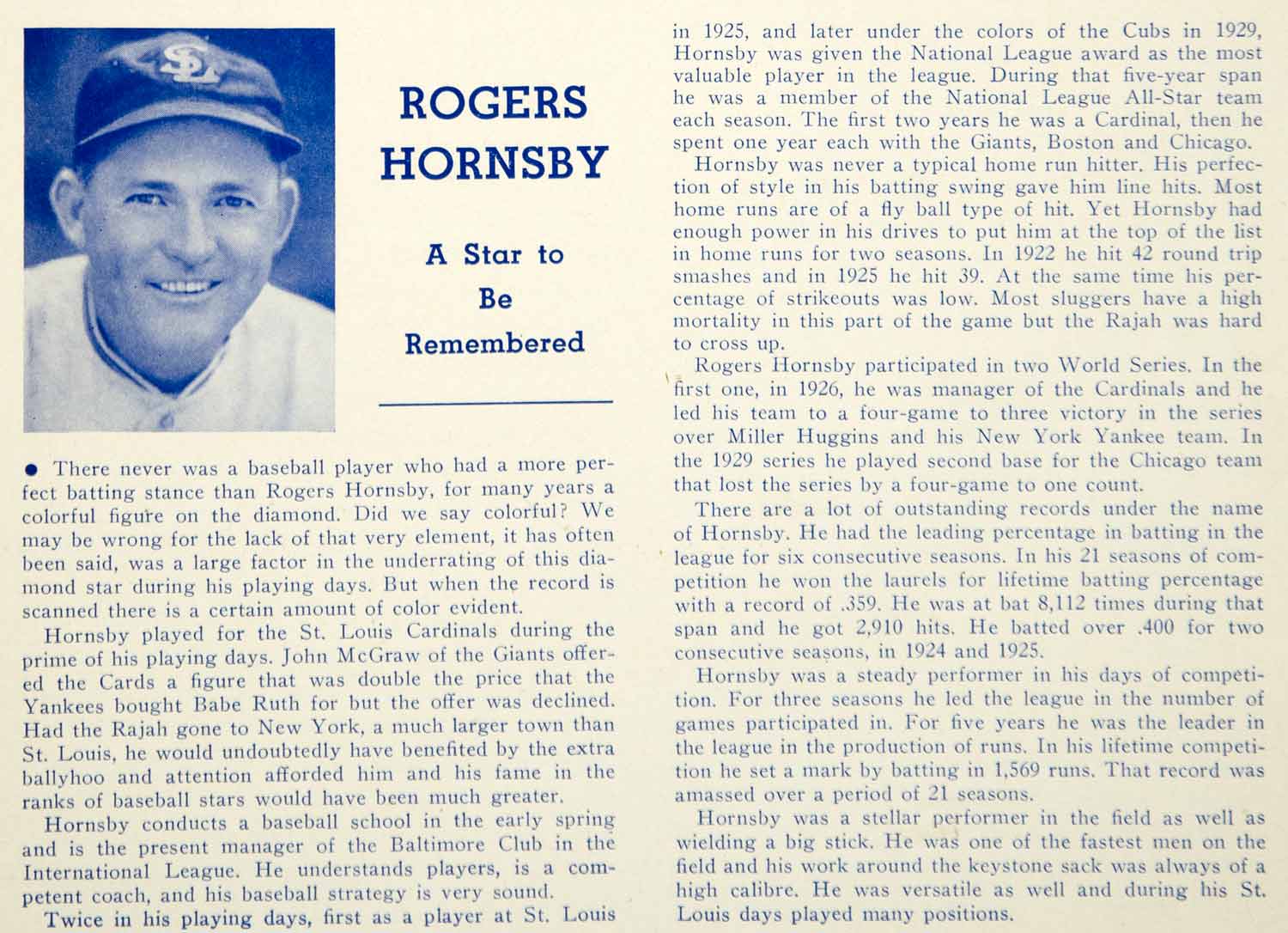 1939 Print MLB Baseball Sports Memorabilia Rogers Hornsby St Louis YWU1