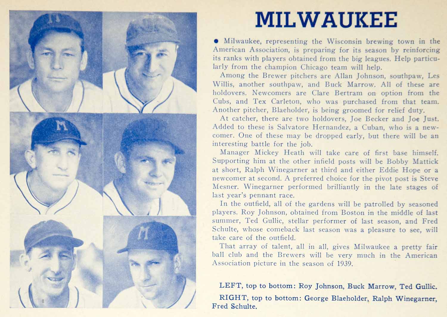 1939 Print AA Baseball Sports Memorabilia Milwaukee Brewers Athlete Player YWU1
