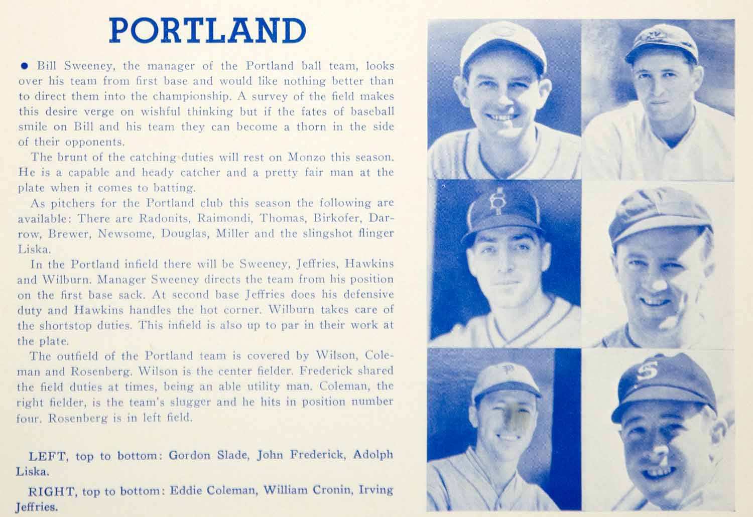 1939 Print PCL Baseball Sports Memorabilia Portland Beavers Athlete Player YWU1