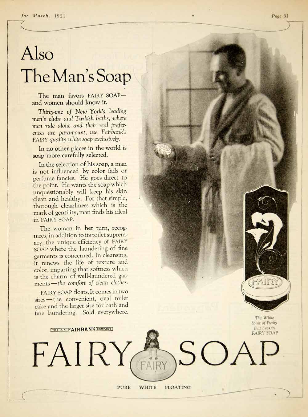 1921 Ad NK Fairbank Fairy Soap Health Beauty Art Nouveau Hygiene Bathroom YWW1