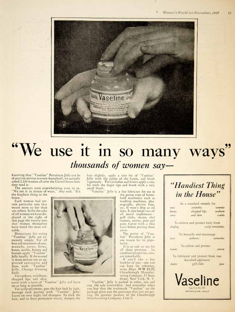 1927 Ad Vaseline Petroleum Jelly Chesebrough Manufacturing NY Health YWW1
