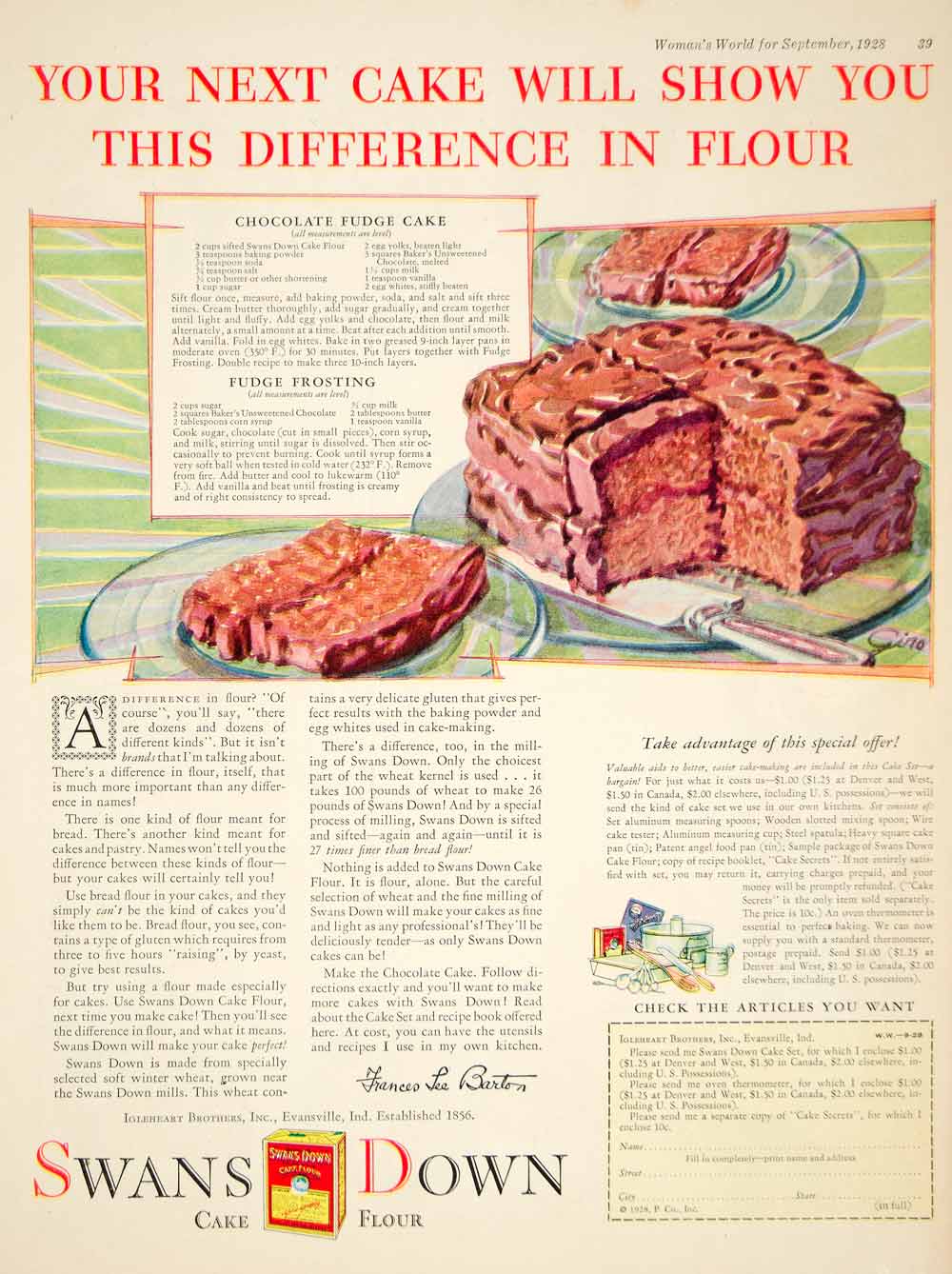 1928 Ad Swans Down Cake Flour Igleheart Bros Guy Rowe Art Dessert Food YWW1