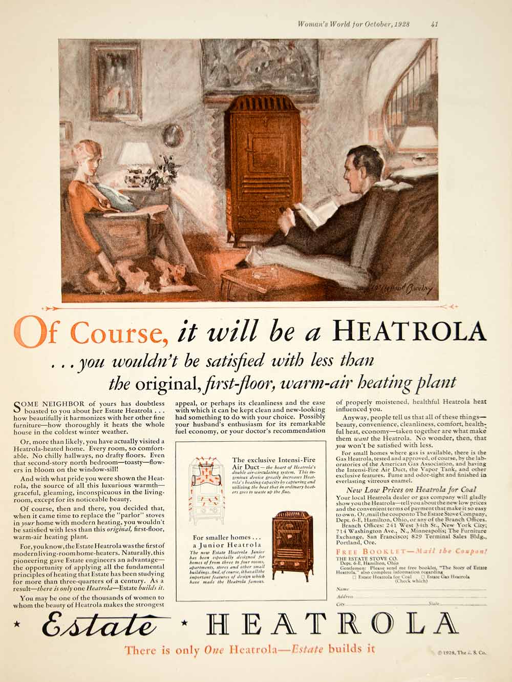 1928 Ad Estate Stove Junior Heatrola McClelland Barclay Art Household YWW1