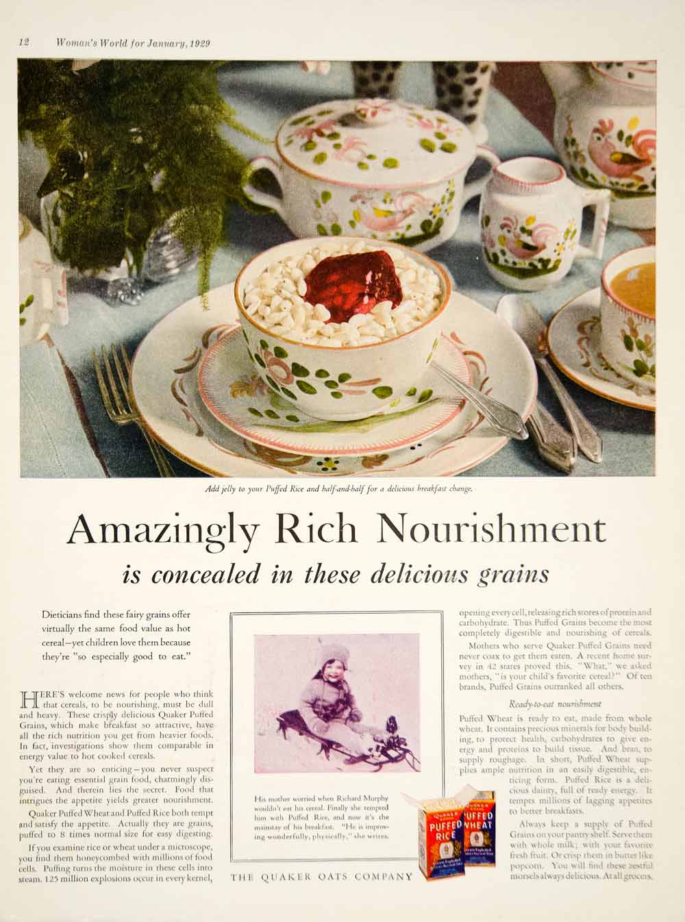 1929 Ad Quaker Oats Puffed Rice Breakfast Cereal Food Grocery Dishes YWW1