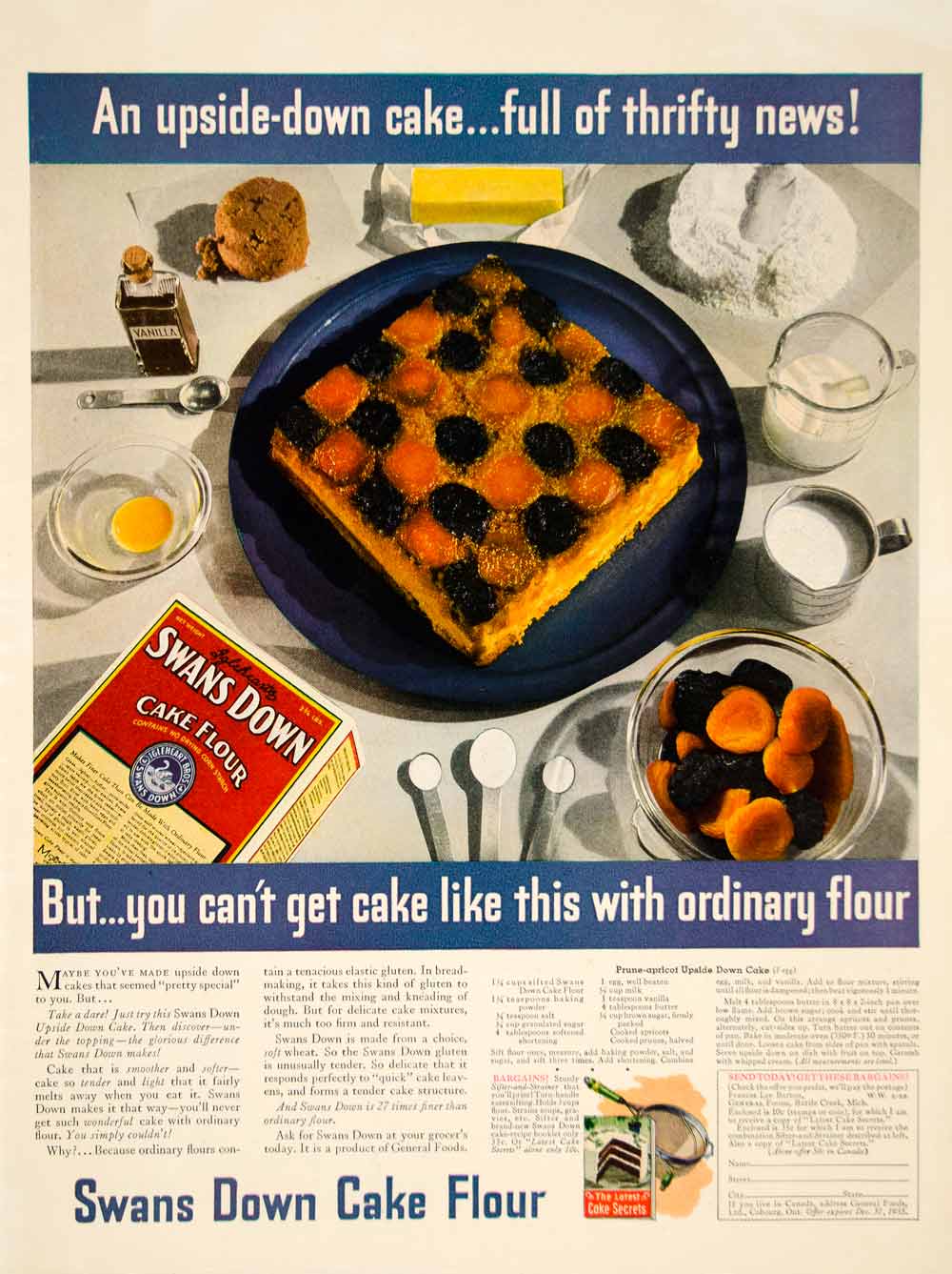 1935 Ad Swans Down Prune Apricot Upside Down Cake Flour Dessert Food YWW1
