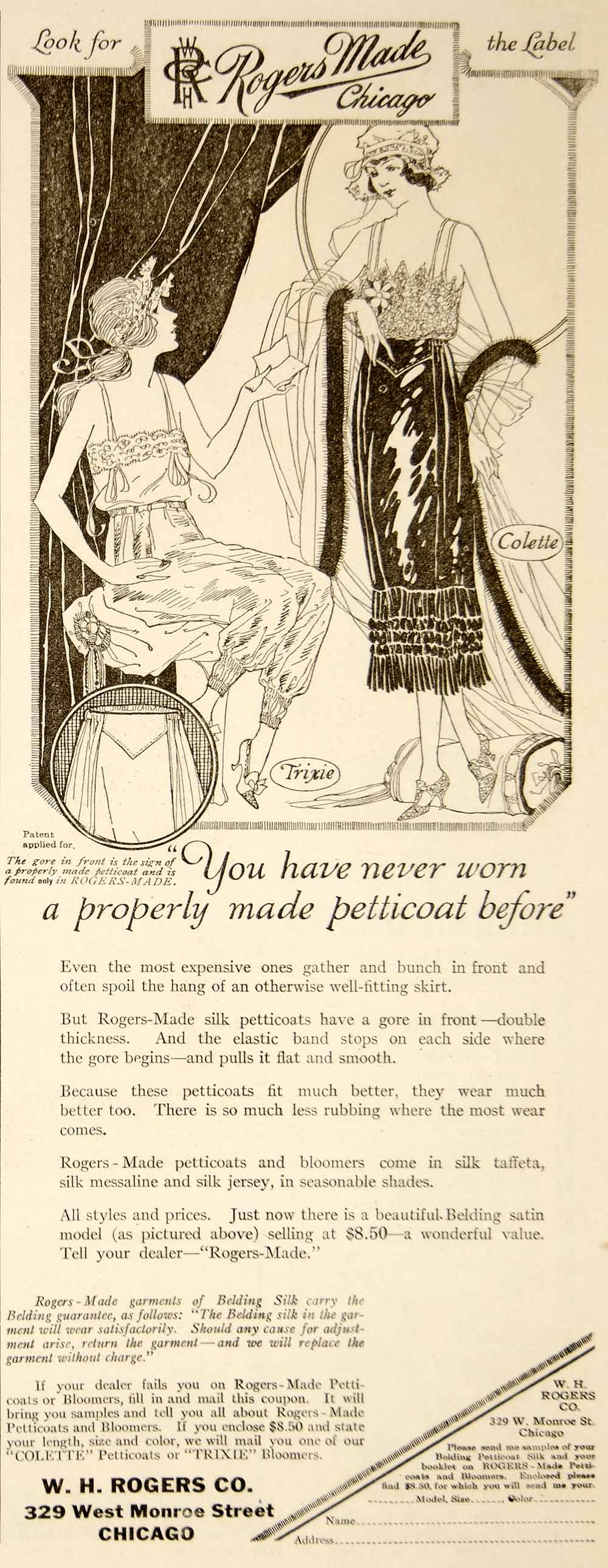 1920 Ad WH Rogers Petticoat Womens Clothing Art Deco 329 W Monroe St YWW1