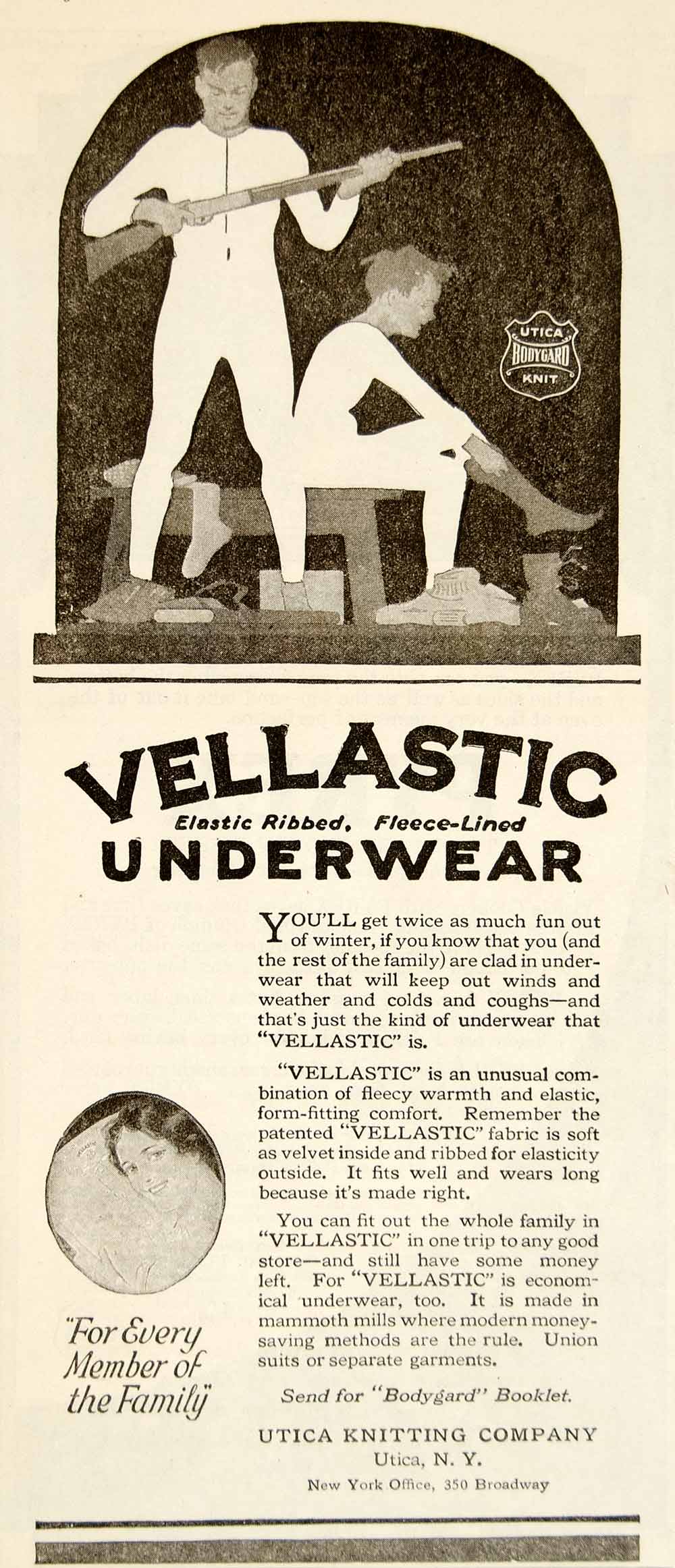 1920 Ad Vellastic Mens Long Underwear Utica Knitting NY Gun Rifle Clothing YWW1