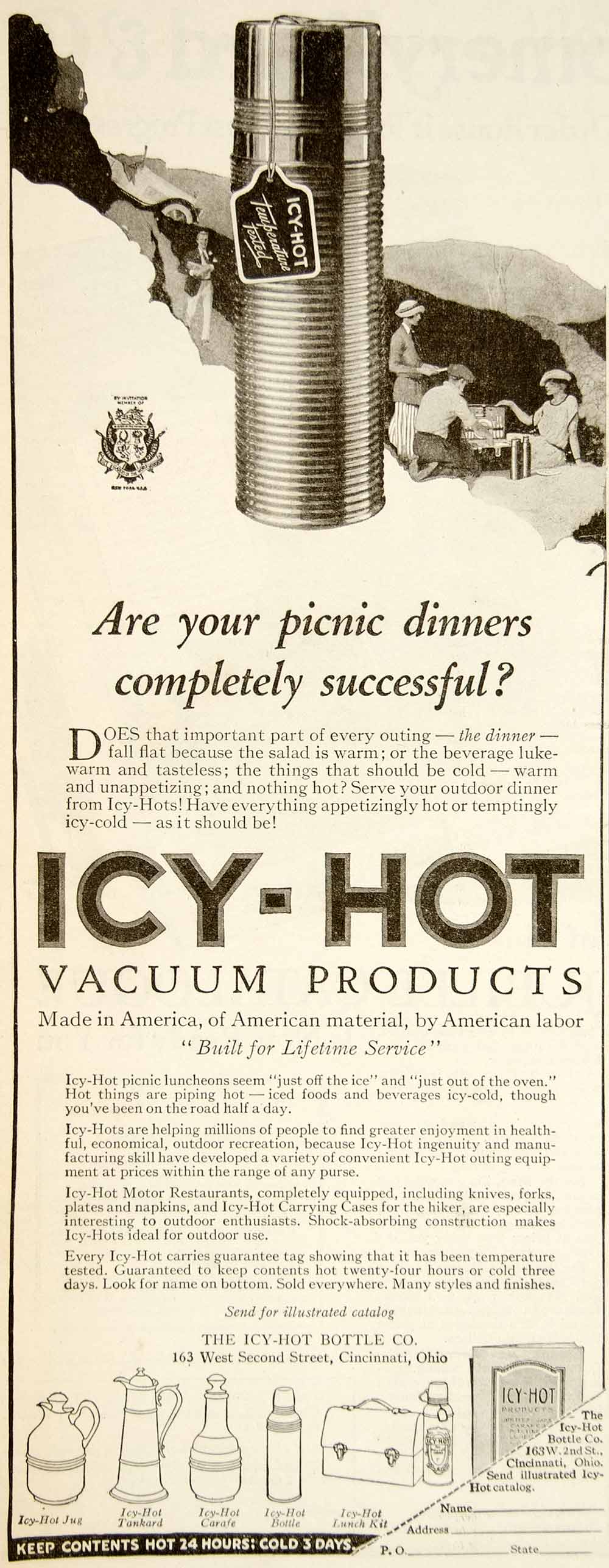 1922 Ad Icy-Hot Vacuum Bottle Thermos Carafe Tankard Jug Lunch Box Kit Art YWW1