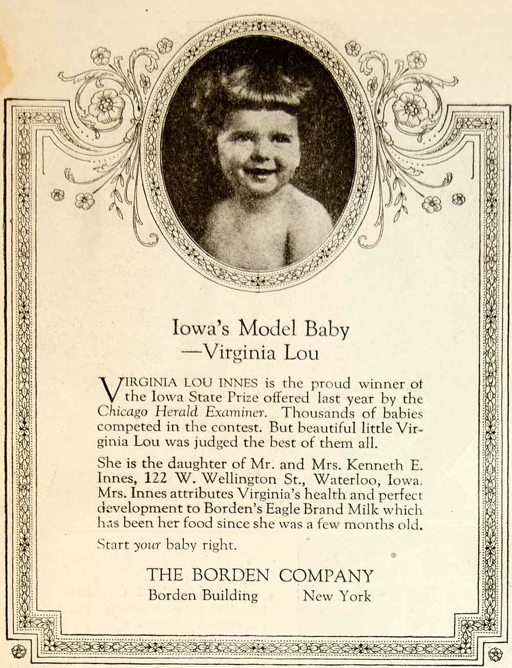 1922 Ad Borden Eagle Brand Milk Dairy Virginia Lou Baby Food Art Nouveau YWW1
