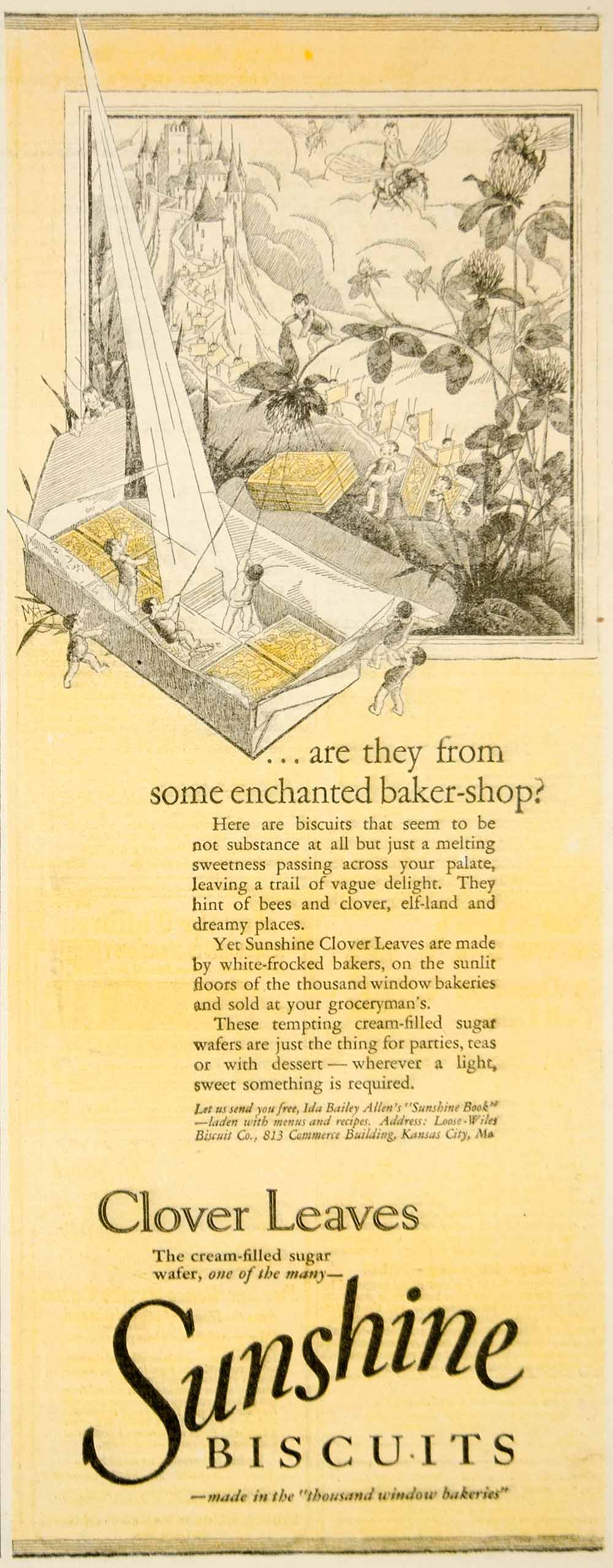 1927 Ad Clover Leaves Sunshine Loose Wiles Biscuit Art Nouveau Food Elf YWW1