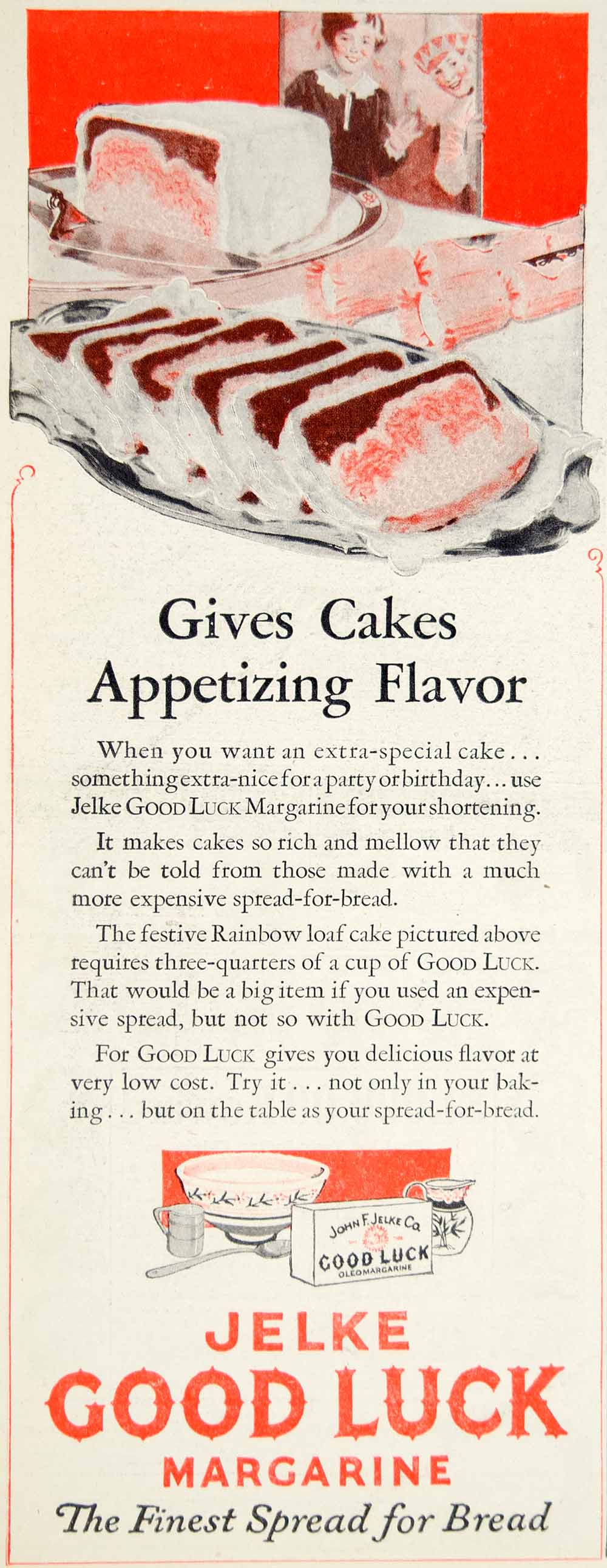 1928 Ad John F Jelke Good Luck Oleo Margarine Rainbow Loaf Cake Dessert YWW1