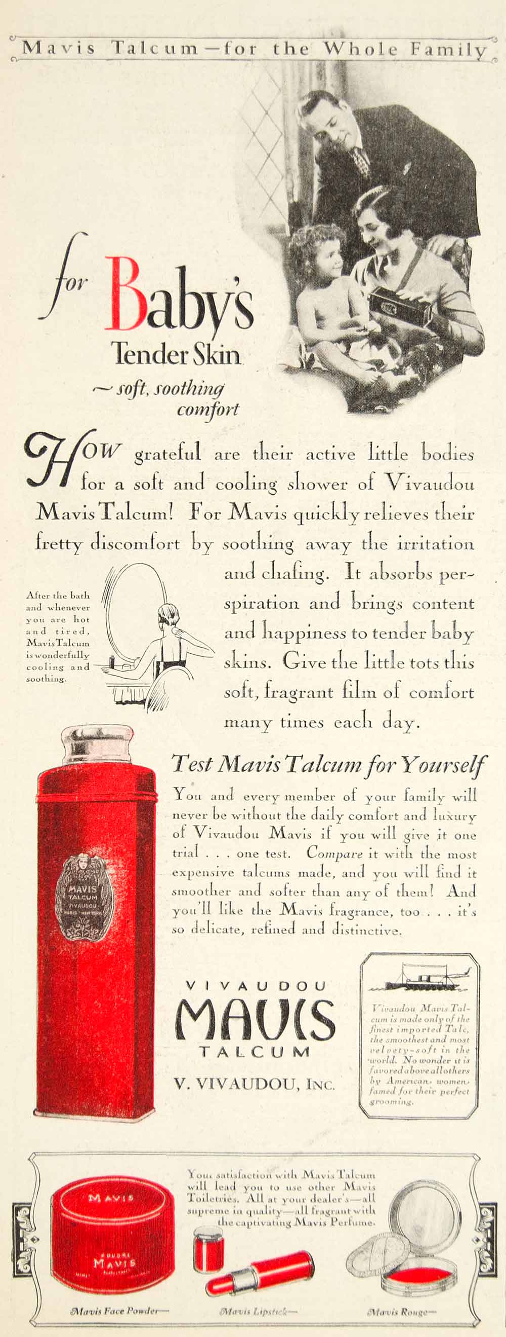 1928 Ad Vivaudou Mavis Talcum Bath Powder Baby Health Beauty Lipstick Rouge YWW1