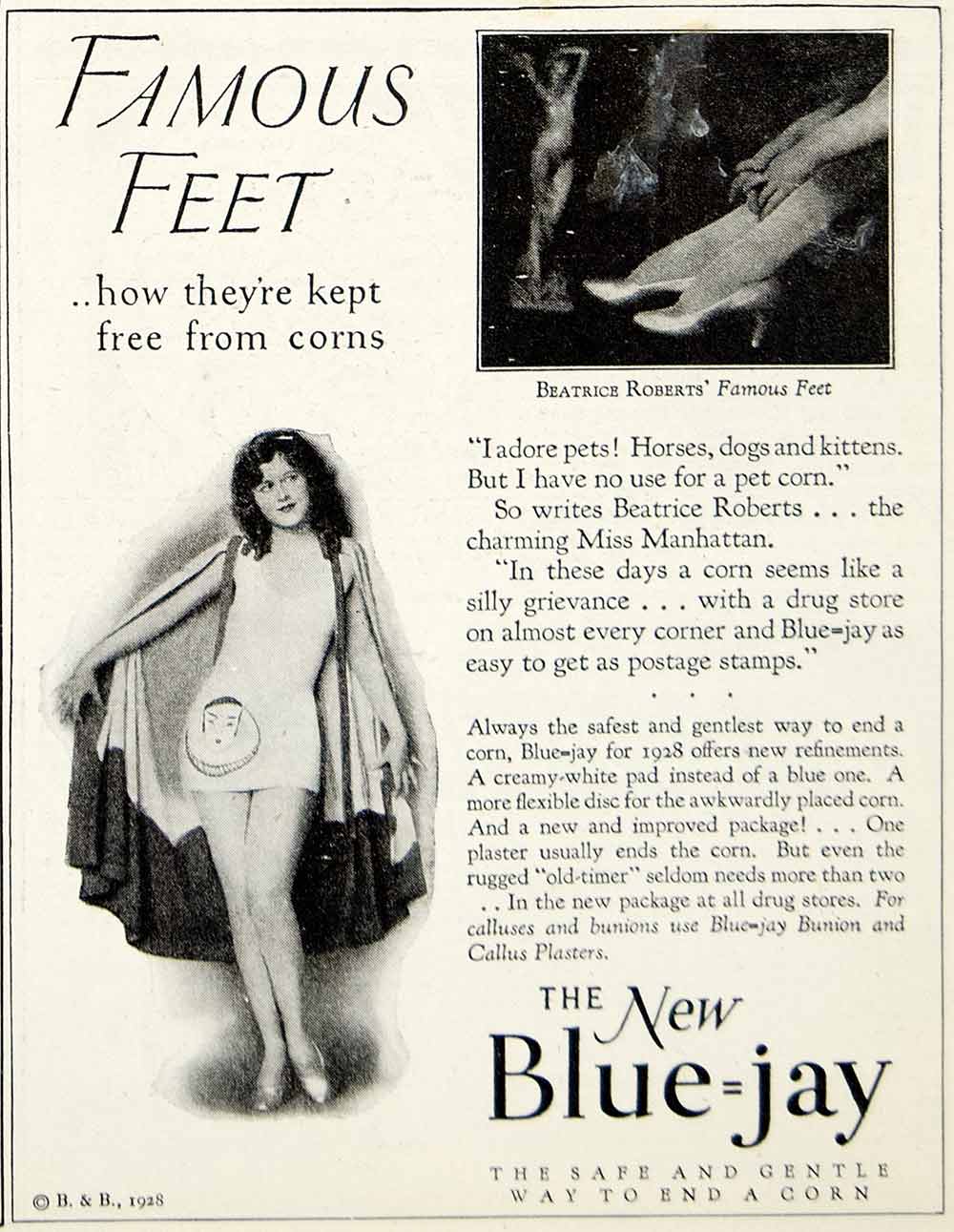1928 Ad Blue Jay Bunion Callus Plasters Beatrice Roberts Foot Health Film YWW1