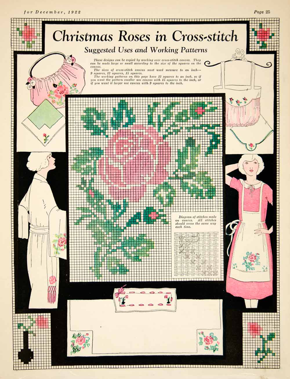 1922 Color Print Art Christmas Rose Flower Cross-stitch Pattern Womens YWW1