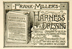 1888 Ad Frank Miller Harness Dressing Leather Finishing Victorian Design YYC1