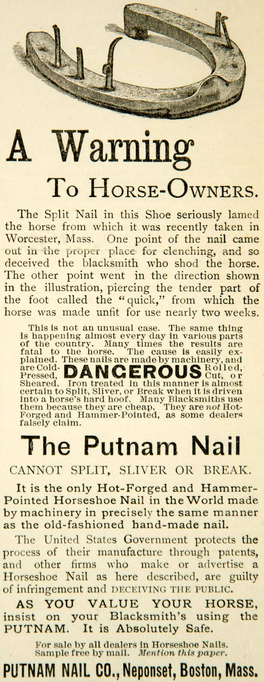 1890 Ad Putnam Nail Boston Massachusetts Horseshoe Forgery Animal Neponset YYC1