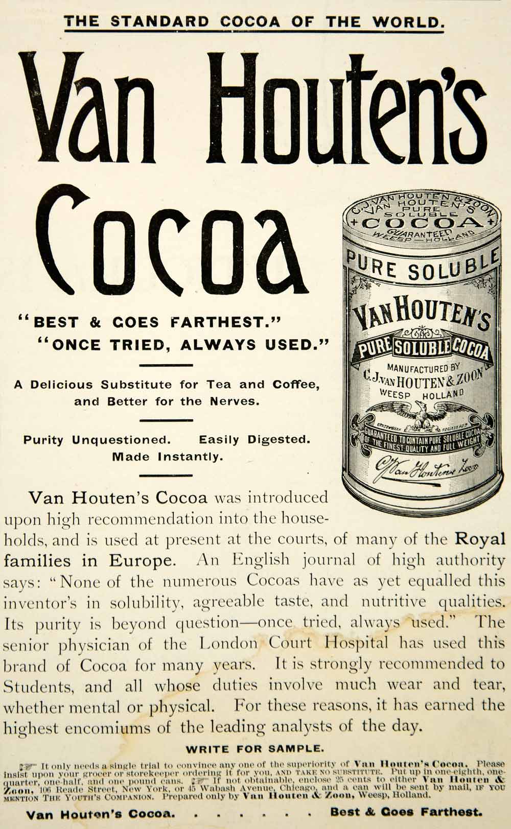 1891 Ad Van Houtens Cocao Drink Beverage Can Tin Victorian Packaging YYC1